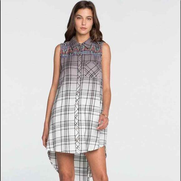 Miss Me Shirt Dress Small Gray Embroidered Ombre Boho Flannel High Low Tunic - Picture 7 of 10